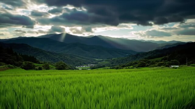 Dramatic sunbeams pierce through stormy clouds illuminating lush green rice terraces and rolling hills under a vast sky