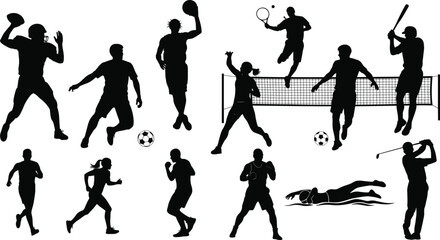 Sports silhouette set, athletic poses, black vector, dynamic motion, fitness activity, team sports, individual games, minimal design, action icons, physical movement