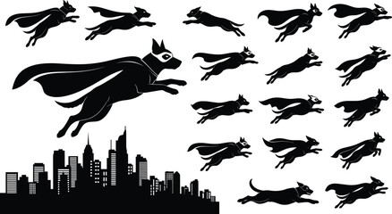 Superhero dogs flying over city skyline, cape and mask silhouette vector, dynamic pet motion sketch, cad drawing flat vector flavector