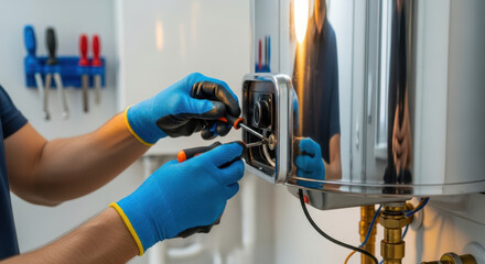 Close-up of a plumber working on a water heater with tools in a clean environment