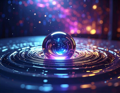 Glowing orb on futuristic platform with swirling lights and bokeh background - Powered by Adobe