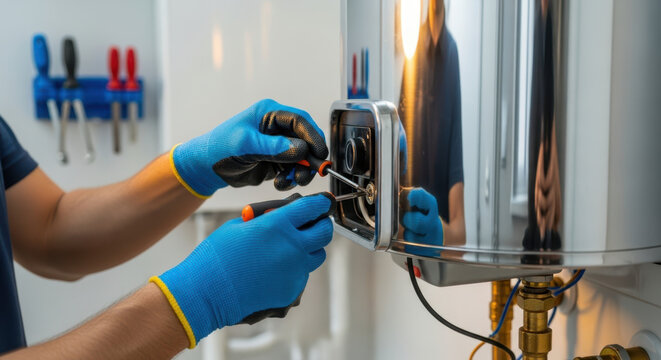 Close-up of a plumber working on a water heater with tools in a clean environment