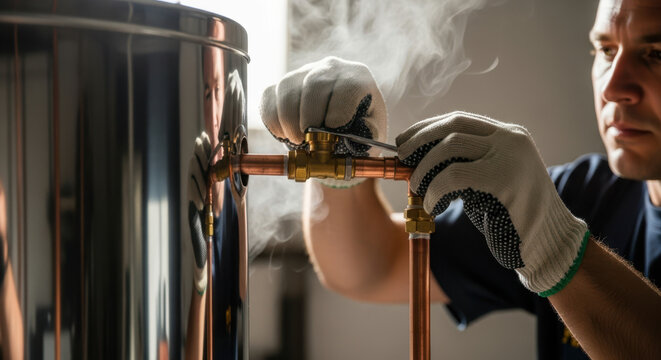 Skilled plumber installing copper pipes with steam in a home environment for professional repair and maintenance services