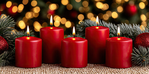 Red candle arrangement with five burning pillar candle and evergreen branches creating warm festive glow and cozy holiday atmosphere