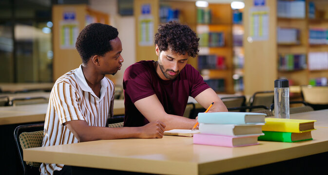 Indian two male pupil sitting on desk table do study talk new project task work share plan ideas young adult gen z boys man guys pair hold pencil look book read exam notes task indoor library place
