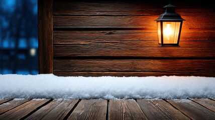 Snowy wooden porch with rustic brown cabin wall and glowing lantern casting warm light on textured planks, cold blue background and fresh snow creating cozy winter atmosphere