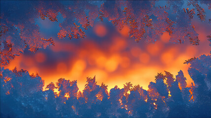 Frost pattern on window glass framing warm orange sunset glow with bokeh lights and icy texture creating contrast of cool blue and fiery color, evoking calm and wonder