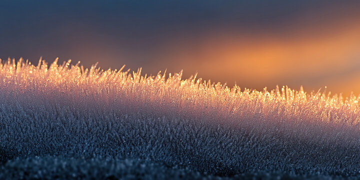 Frost crystal edge sunrise light golden bokeh shallow depth of field cold morning macro frost icy texture winter landscape delicate ice sparkling highlights abstract nature frozen grass soft