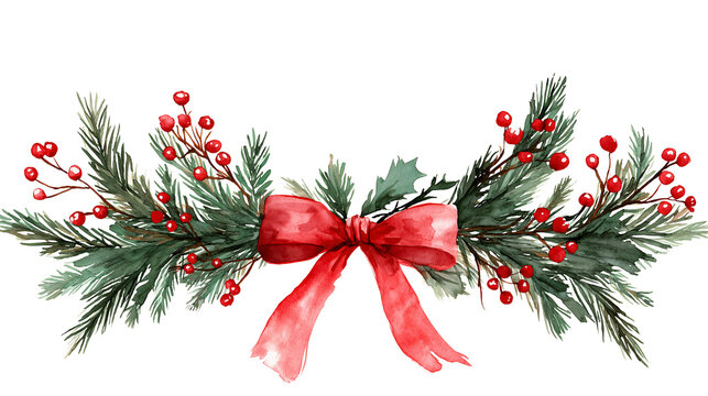 Watercolor holiday garland with pine branches, holly leaves, red berries, and ribbon bow, hand-painted and isolated on a transparent background. Ideal for festive design and seasonal branding.