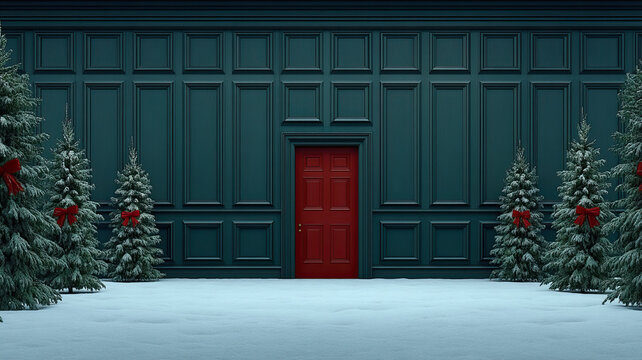 Dark green paneled door backdrop snow covered mini trees red bows festive winter scene evokes calm holiday atmosphere - Powered by Adobe