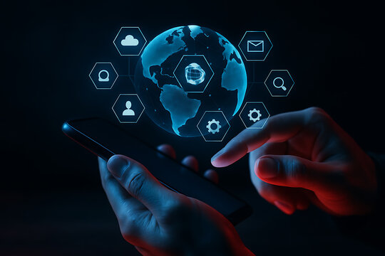 Human hand using smartphone with holographic earth globe and technology icons representing global connectivity digital communication business