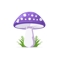 Fantasy Purple Toadstool Mushroom with White Spots and Green Grass Isolated