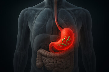 Medical illustration of human stomach showing digestive system with harmful bacteria infection organism causing health issues