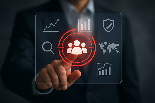 Marketing professional using futuristic virtual interface with data and target icons highlighting customer segmentation strategy