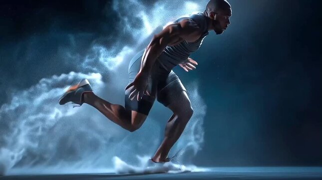African American muscular athlete running vigorously, pushing off from dust against a dark background, slow motion. Concept of goal achievement and success.