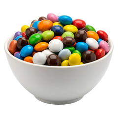 white bowl with colorful candy coated chocolates isolated on white background