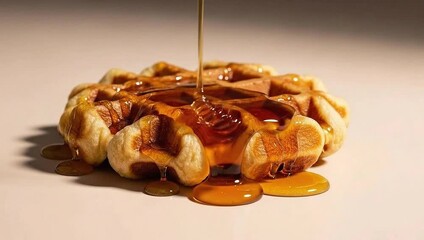 A delicious waffle is drenched with golden maple syrup, offering a mouthwatering experience