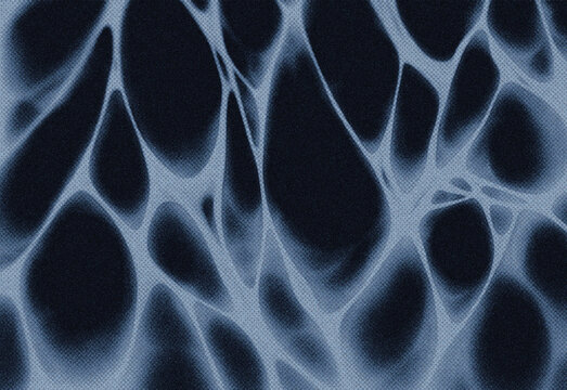 Close-up abstract texture featuring an interconnected network of glowing blue channels and dark voids, evoking a cellular venation pattern on a surface with moody cyber lighting