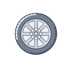 Fototapeta premium Detailed cartoon illustration of a single car wheel with a tire and a six-spoke alloy rim