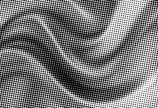 Close-up abstract halftone portrait texture revealing a stylized eye shape formed by dense dots with layered shading, creating a retro pop art inspired visual composition