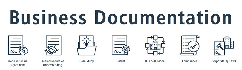 Business documentation web banner icon vector illustration concept with icon of non disclosure agreement, memorandum of understanding, case study, patent, business model, and compliance 