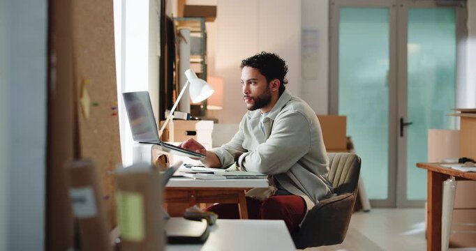 Man, reading and laptop for startup ecommerce for logistics, supply chain and email supplier. Male person, typing and pc to confirm orders, tracking inventory and check stock for delivery procurement