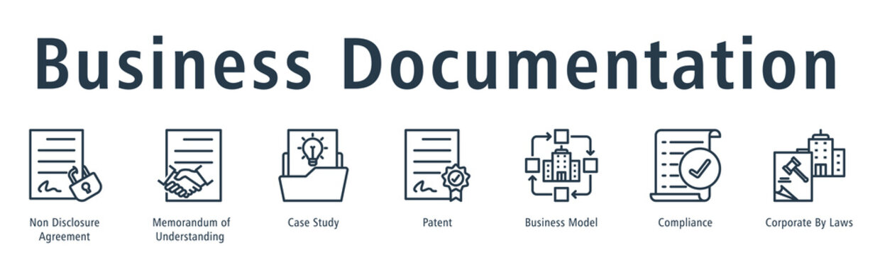 Business documentation web banner icon vector illustration concept with icon of non disclosure agreement, memorandum of understanding, case study, patent, business model, and compliance 