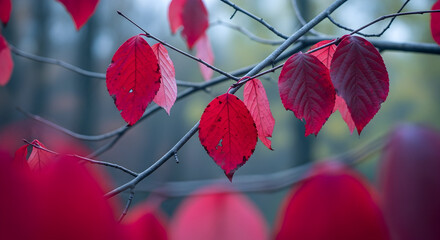 Bright red leaves on tree branches in autumn close-up nature photography capturing the vibrant fall colors