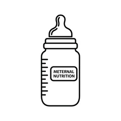 Black and white illustration of a baby bottle with measurement markings and the text maternal nutrition