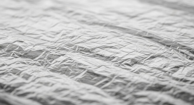 Close-up of crumpled silver foil with soft lighting and shallow depth of field.