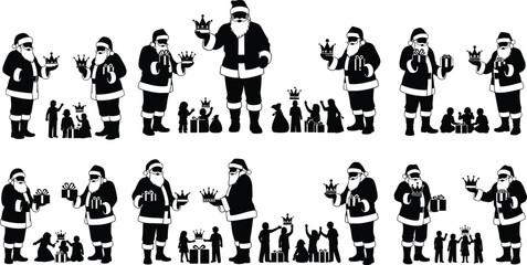 Santa gift exchange, children silhouettes, Christmas crown, festive celebration, holiday tradition, joyful moment, winter spirit, silhouette scene, seasonal joy – flavector