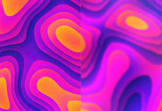 Vibrant abstract fluid art featuring neon pink, purple, and orange swirling bands across a split composition, creating dynamic texture ideal for modern backgrounds and design