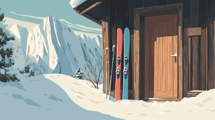 Skis beside a wooden cabin door in snowy mountains, cozy vector winter composition 