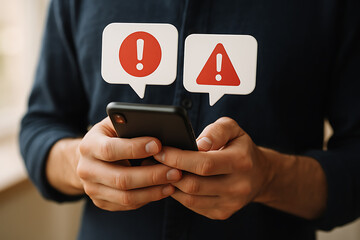 Smartphone data protection concept with user receiving mobile warning alert icons representing cyber risk and communication threats