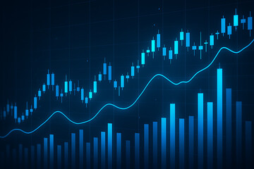 Stock exchange chart with glowing blue candlestick patterns and statistical data analytics for online finance strategy and forecasting