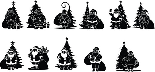 Santa Claus illustration, Christmas tree, festive holiday, gift giving, winter celebration, holiday tradition, Christmas spirit, seasonal joy, festive artwork, celebration