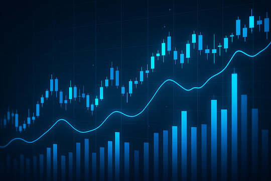 Stock exchange chart with glowing blue candlestick patterns and statistical data analytics for online finance strategy and forecasting