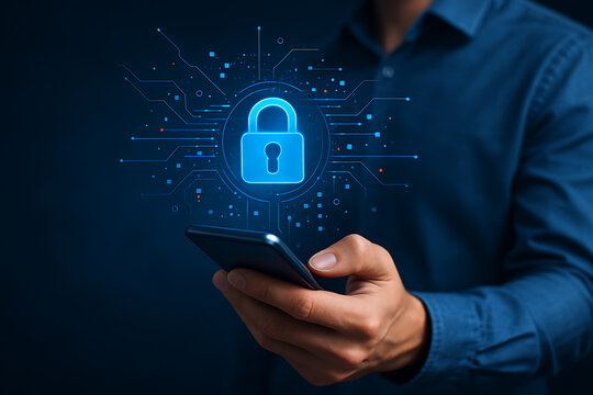 Secure mobile connection concept with futuristic glowing lock hologram symbolizing encryption technology protection and safety