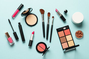 Beauty products on blue background.