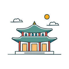 Obraz premium Traditional Asian Palace Pavilion with Curved Roof and Sun Symbol