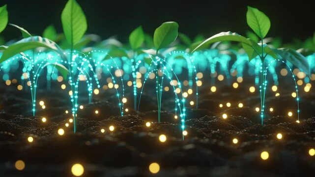 Digital Farming: A striking illustration of digital farming. Glowing lights illuminate small plants growing out of the earth, highlighting their growth.