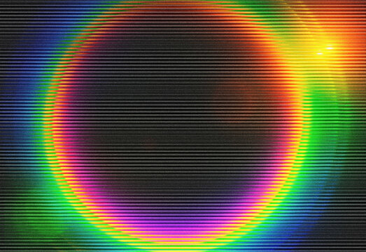 Abstract neon halo around a dark central core with rainbow glow and retro scanline texture, evoking a digital eclipse and cosmic light spectrum, perfect for tech branding