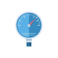 Modern flat design illustration of a blue measurement gauge with a red indicator needle showing high level