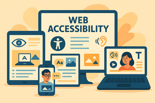 Website accessibility concept with inclusive design symbols devices and tools ensuring equal digital access for all users