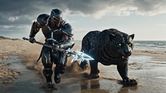 Futuristic warrior riding powerful black panther across sandy beach under cloudy sky.