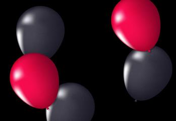 Colorful helium balloons float against a dark background, red and gray balloon clusters create festive party decor perfect for celebrations, events, invitations, and ambiance