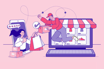 This e-commerce concept shows a complete online shopping process. A happy customer on a smartphone app gives a 5-star rating for a successful purchase, while delivery arrives from the laptop store.