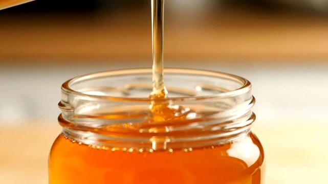 Pouring golden honey into a glass jar creates a naturally sweet and visually appealing image in