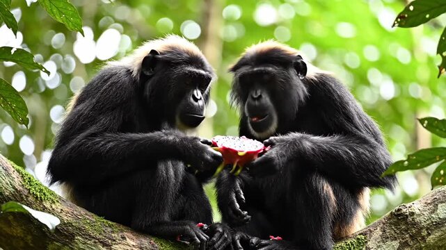 Two primates sharing exotic fruit high up on a thick jungle branch