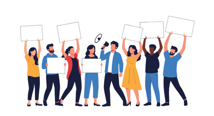 A diverse group of people holding blank signs and raising their hands in support of a cause.